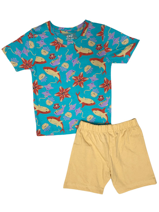 Blue Cream Aqua Contrast Shorts Set (Unisex)